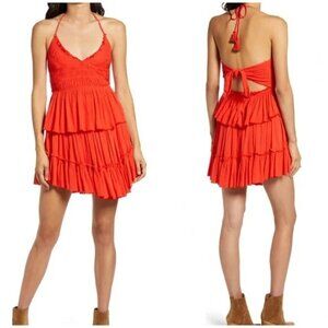 🌞 Free People Orange Red Hooked on You Halter Top Skirt Co-ord 2-Piece Set